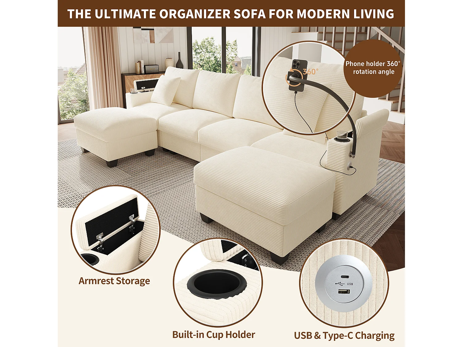 Zestaw wypoczynkowy w kształcie litery U, 4-osobowy - 275,5 x 139 x 87 cm - z podnóżkiem + portem USB + schowkiem - aksamitny - beżowy