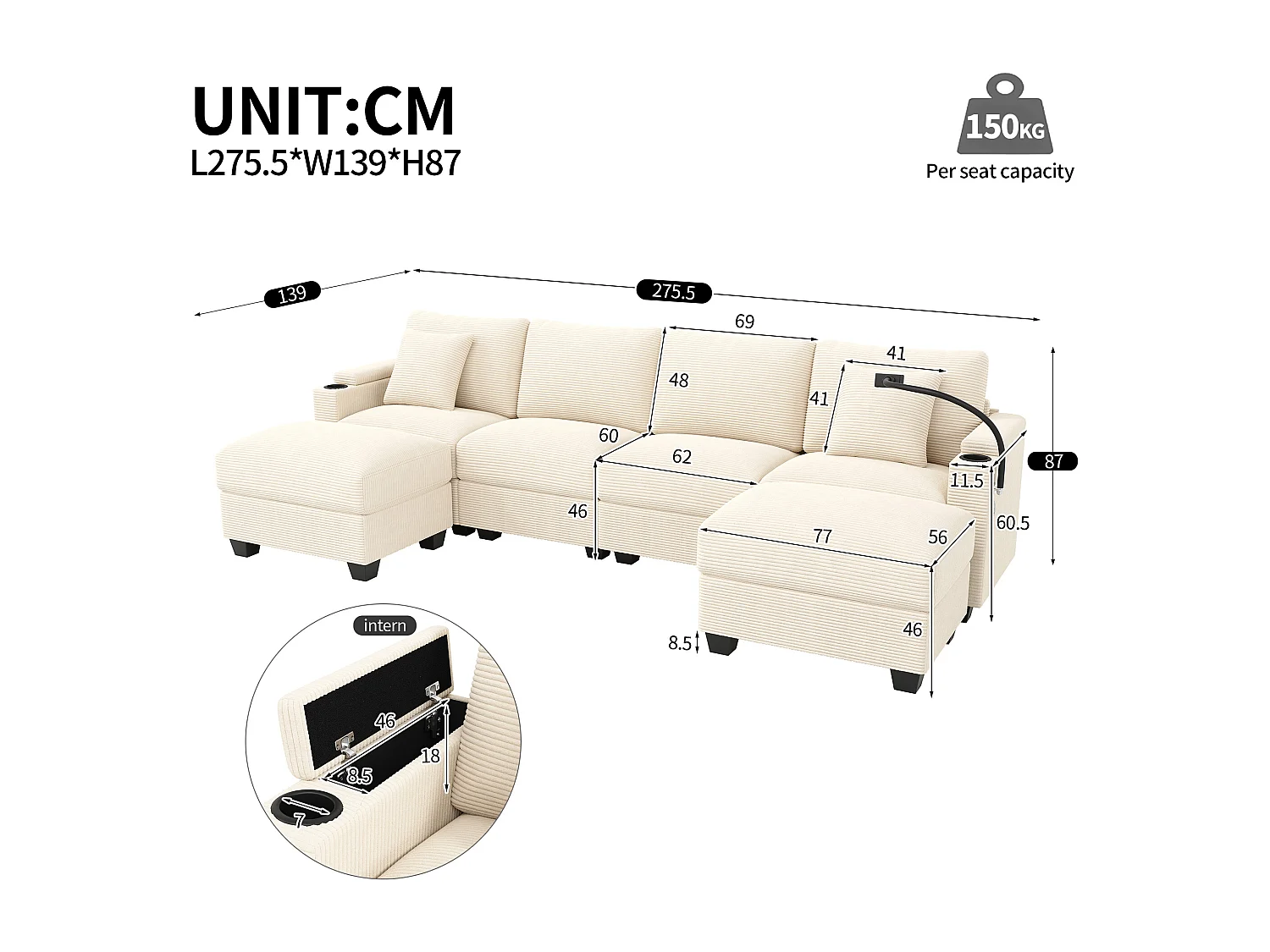 Zestaw wypoczynkowy w kształcie litery U, 4-osobowy - 275,5 x 139 x 87 cm - z podnóżkiem + portem USB + schowkiem - aksamitny - beżowy