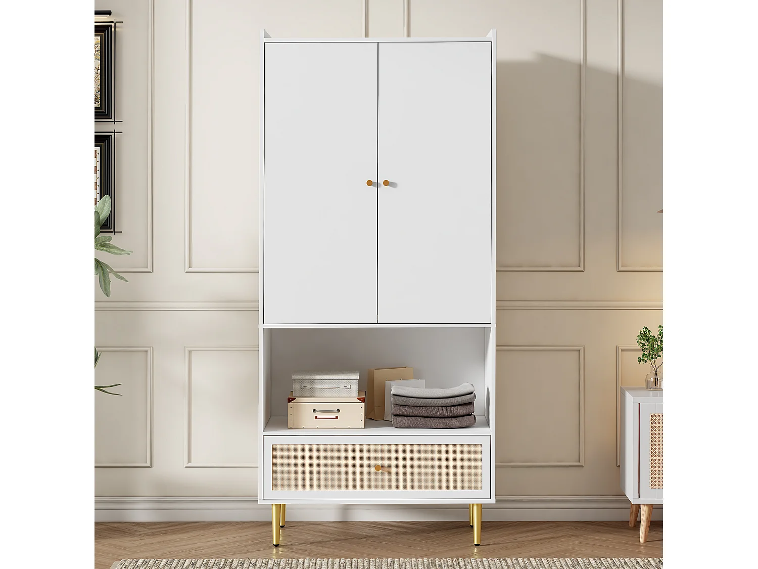 Armoire à 2 portes - 80 x 48 x 175 cm - avec tiroir en rotin  + tringle à vêtements - aggloméré - blanc + naturel