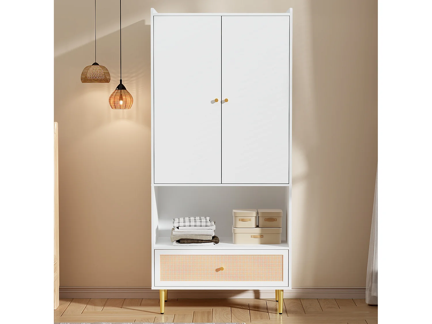 Armoire à 2 portes - 80 x 48 x 175 cm - avec tiroir en rotin  + tringle à vêtements - aggloméré - blanc + naturel