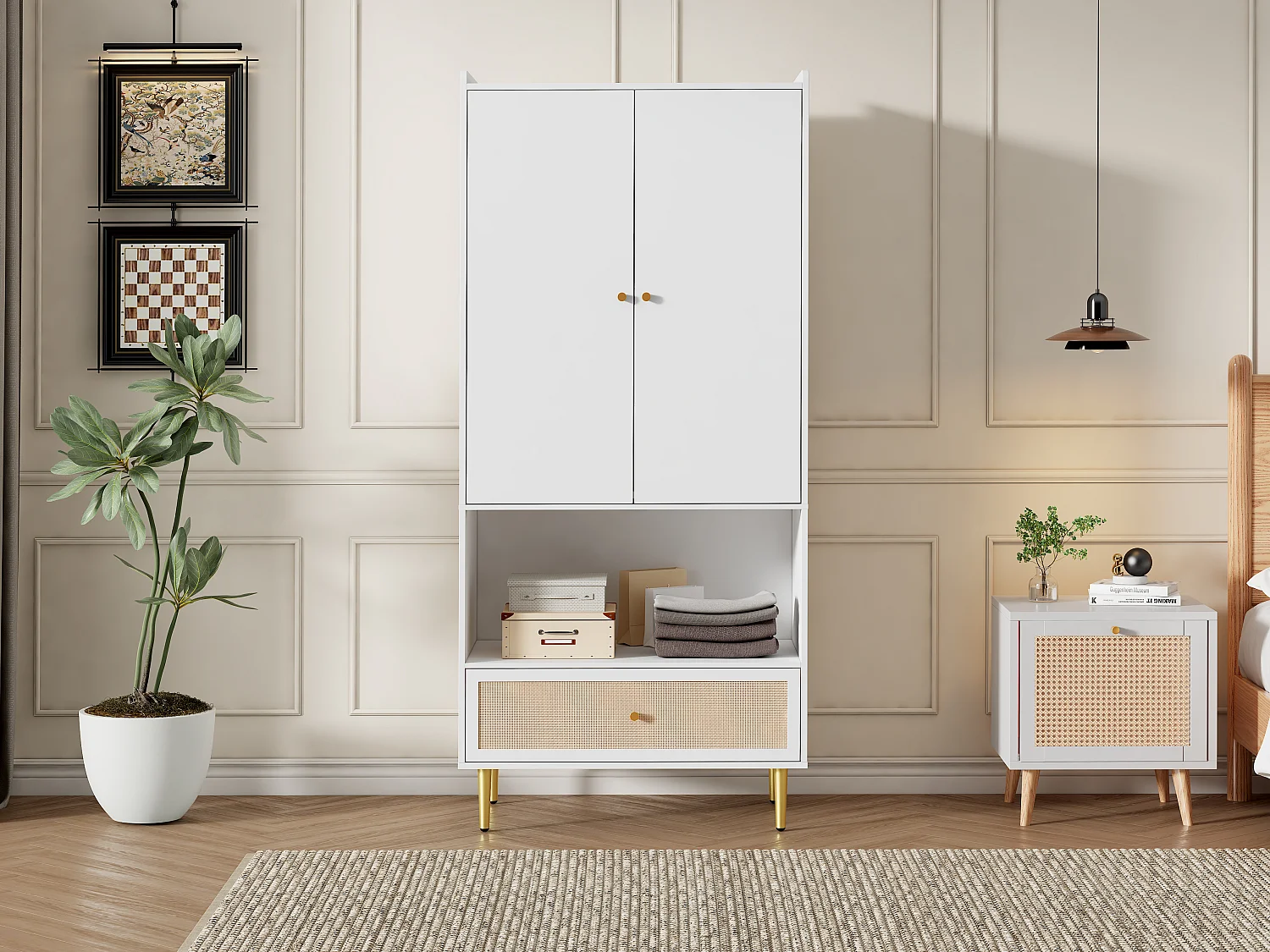 Armoire à 2 portes - 80 x 48 x 175 cm - avec tiroir en rotin  + tringle à vêtements - aggloméré - blanc + naturel