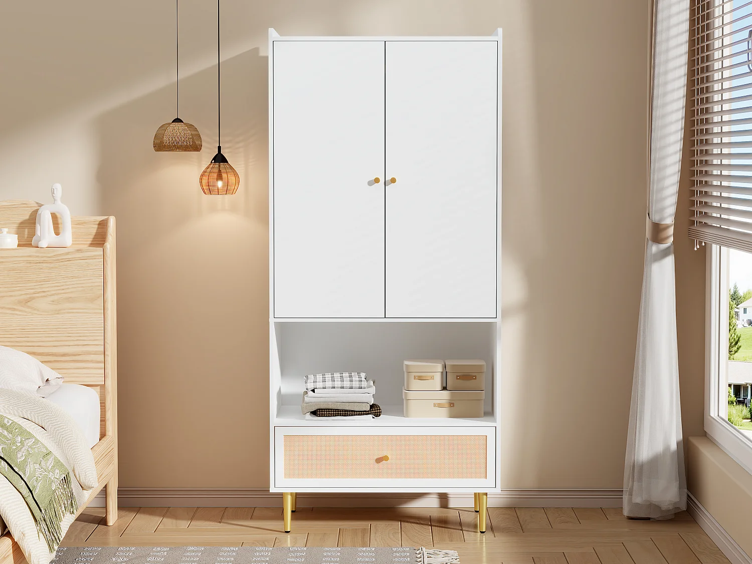 Armoire à 2 portes - 80 x 48 x 175 cm - avec tiroir en rotin  + tringle à vêtements - aggloméré - blanc + naturel