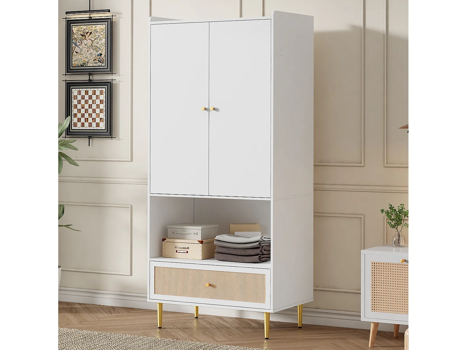 Armoire à 2 portes - 80 x 48 x 175 cm - avec tiroir en rotin  + tringle à vêtements - aggloméré - blanc + naturel