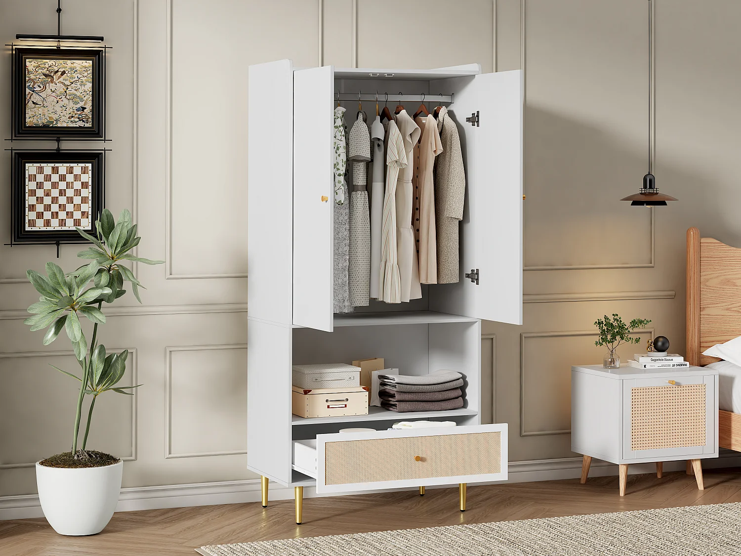 Armoire à 2 portes - 80 x 48 x 175 cm - avec tiroir en rotin  + tringle à vêtements - aggloméré - blanc + naturel