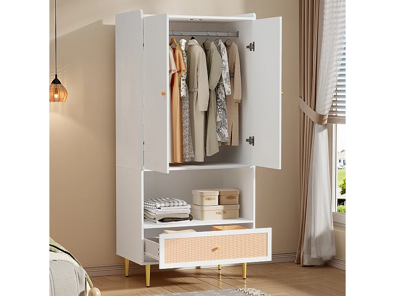 Armoire à 2 portes - 80 x 48 x 175 cm - avec tiroir en rotin  + tringle à vêtements - aggloméré - blanc + naturel