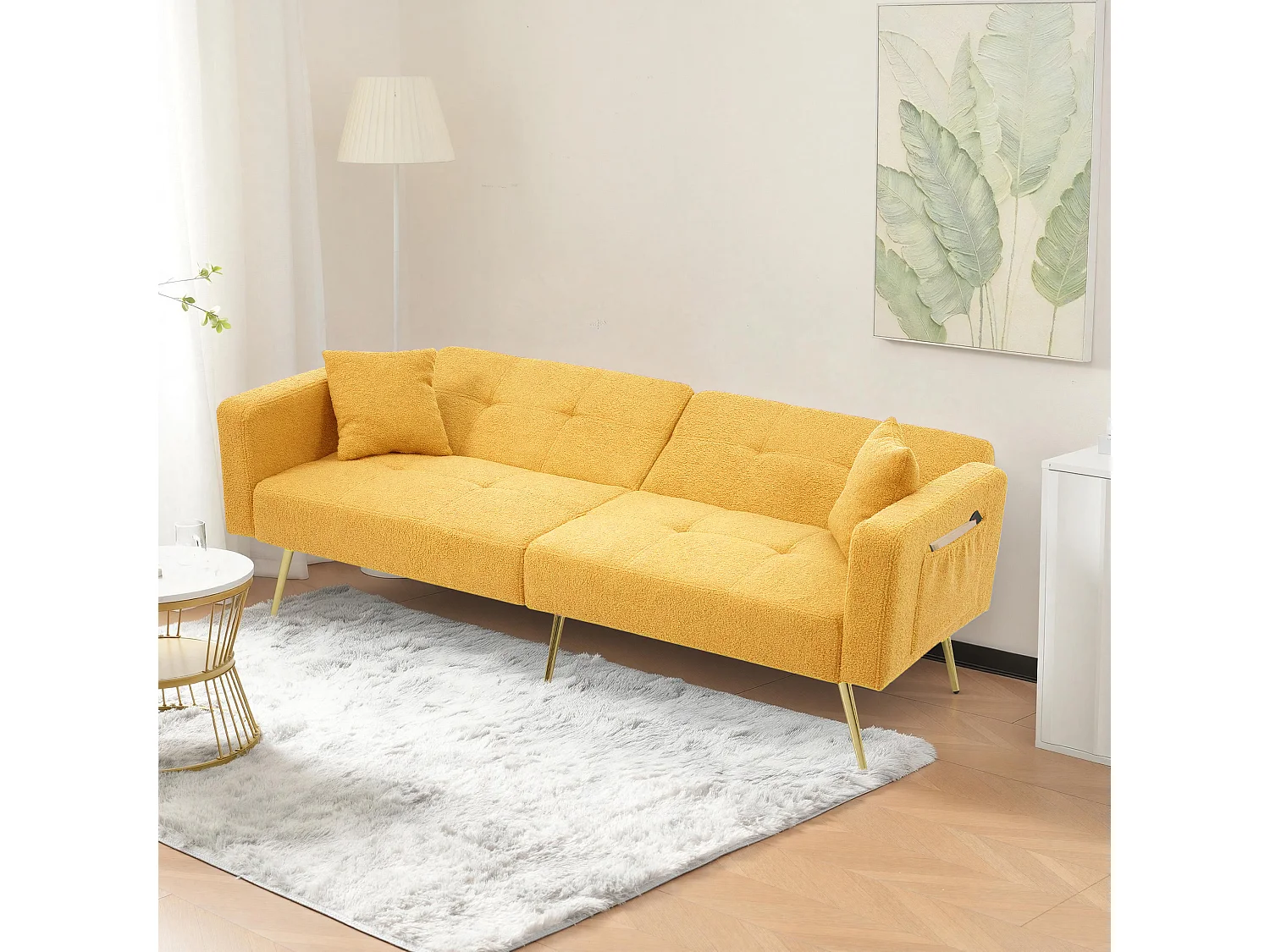 Canapé 2 places convertible clic-clac en tissu Sherpa - 175 x 64 x 72 cm - Pieds dorés - Jaune