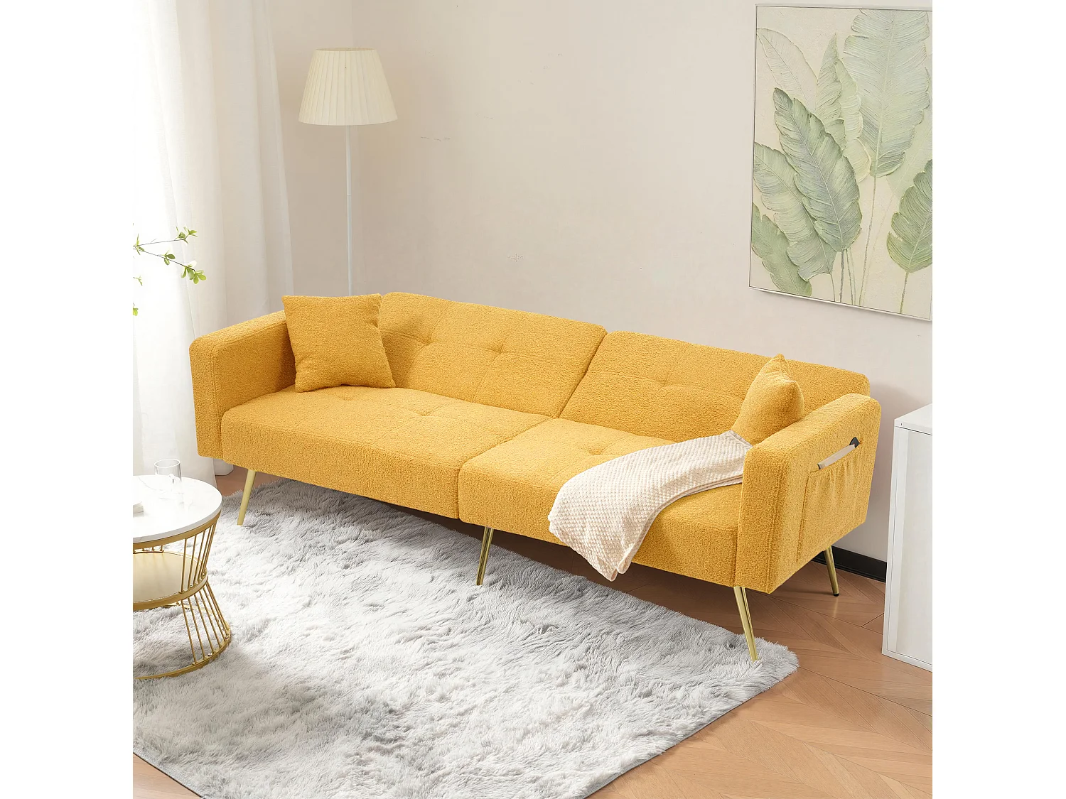 Canapé 2 places convertible clic-clac en tissu Sherpa - 175 x 64 x 72 cm - Pieds dorés - Jaune