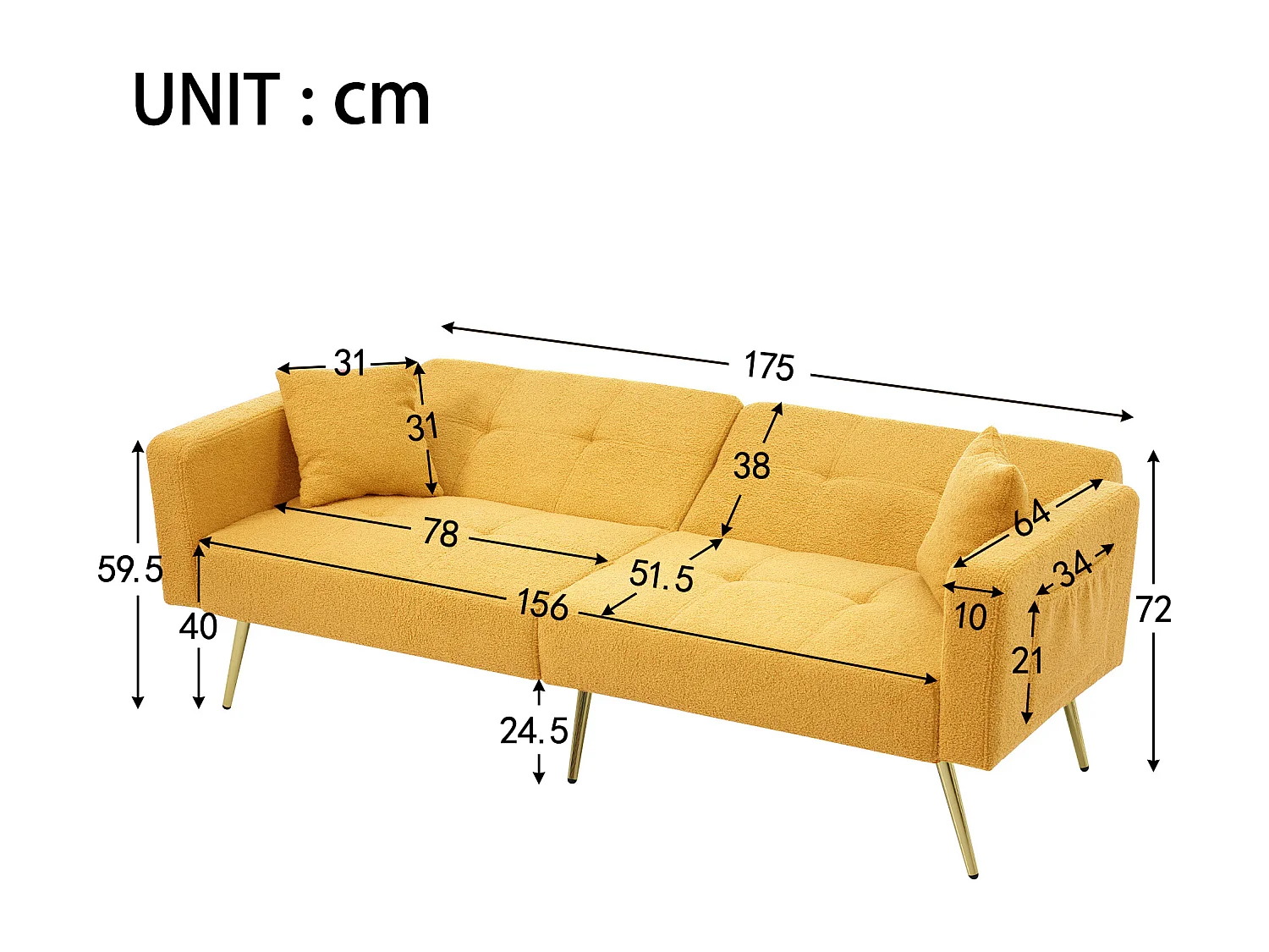 Canapé 2 places convertible clic-clac en tissu Sherpa - 175 x 64 x 72 cm - Pieds dorés - Jaune
