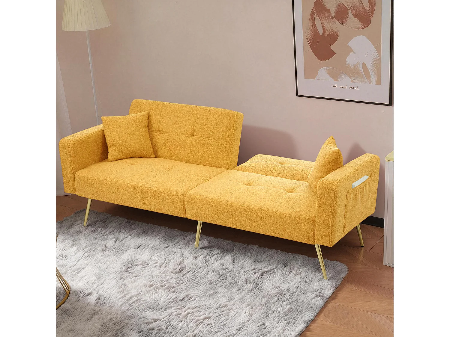Canapé 2 places convertible clic-clac en tissu Sherpa - 175 x 64 x 72 cm - Pieds dorés - Jaune