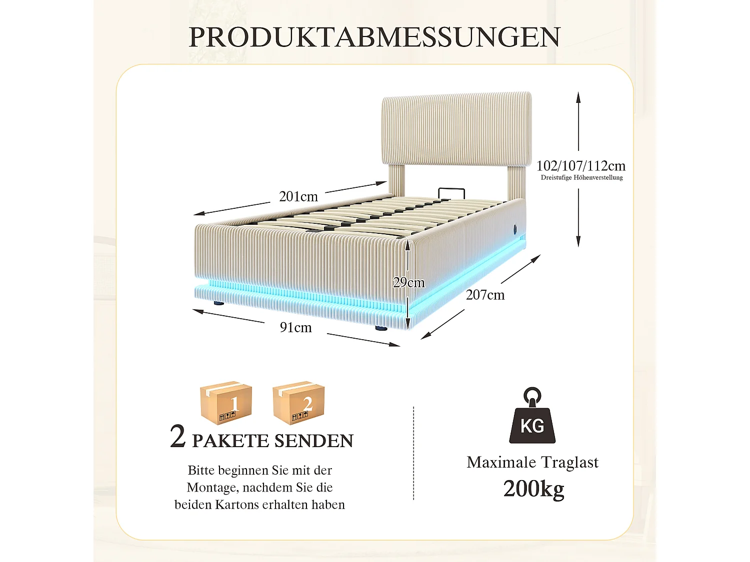 Łóżko tapicerowane hydrauliczne ze schowkiem - 90 x 200 cm - z diodami LED + USB + regulowany zagłówek - welur - beż
