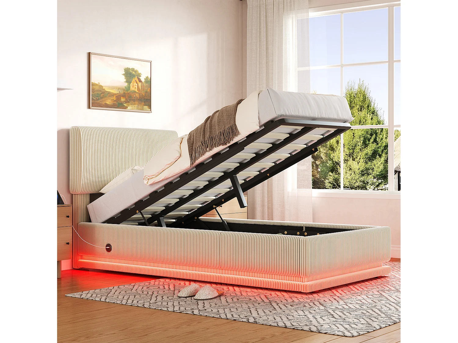 Łóżko tapicerowane hydrauliczne ze schowkiem - 90 x 200 cm - z diodami LED + USB + regulowany zagłówek - welur - beż