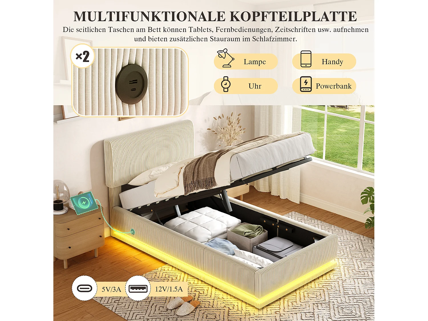 Łóżko tapicerowane hydrauliczne ze schowkiem - 90 x 200 cm - z diodami LED + USB + regulowany zagłówek - welur - beż