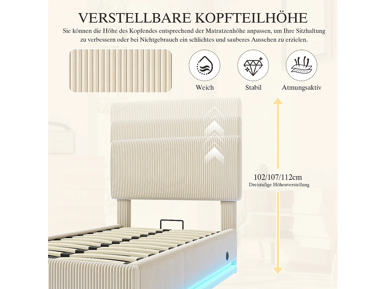 Łóżko tapicerowane hydrauliczne ze schowkiem - 90 x 200 cm - z diodami LED + USB + regulowany zagłówek - welur - beż