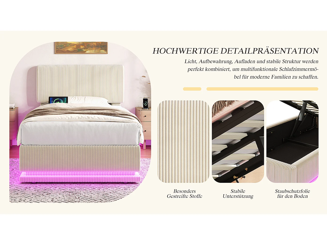 Łóżko tapicerowane hydrauliczne ze schowkiem - 90 x 200 cm - z diodami LED + USB + regulowany zagłówek - welur - beż