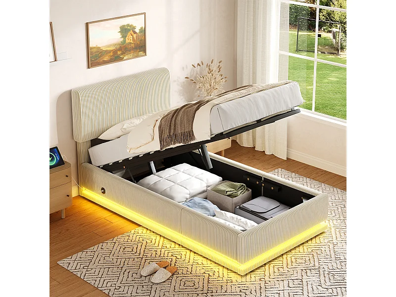 Gepolstertes hydraulisches Stauraumbett – 90 x 200 cm – mit LEDs, USB-Anschluss und verstellbarem Kopfteil – Samt – beige