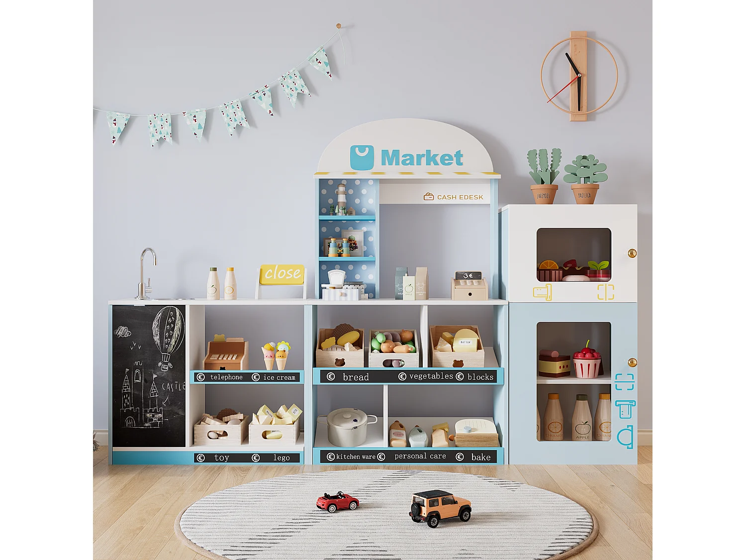 Spielküche für Kinder – 155 x 30 x 107,5 cm – Haus mit Zubehör und Effekten – Für Kinder ab 3 Jahren – MDF – Blau