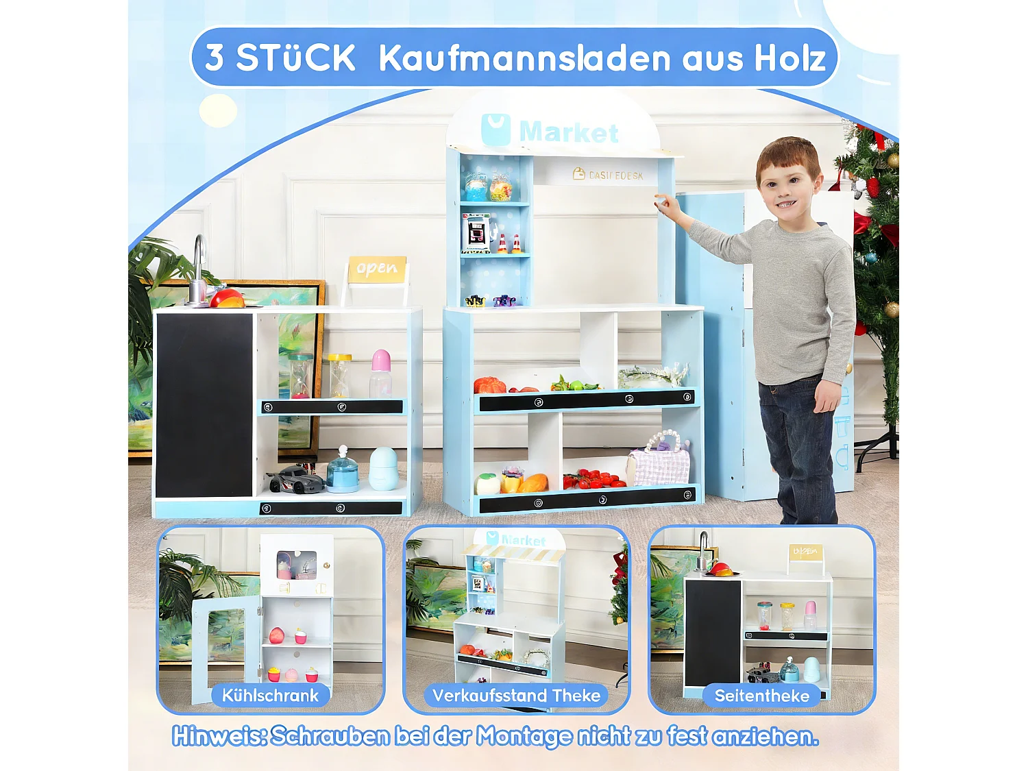 Spielküche für Kinder – 155 x 30 x 107,5 cm – Haus mit Zubehör und Effekten – Für Kinder ab 3 Jahren – MDF – Blau