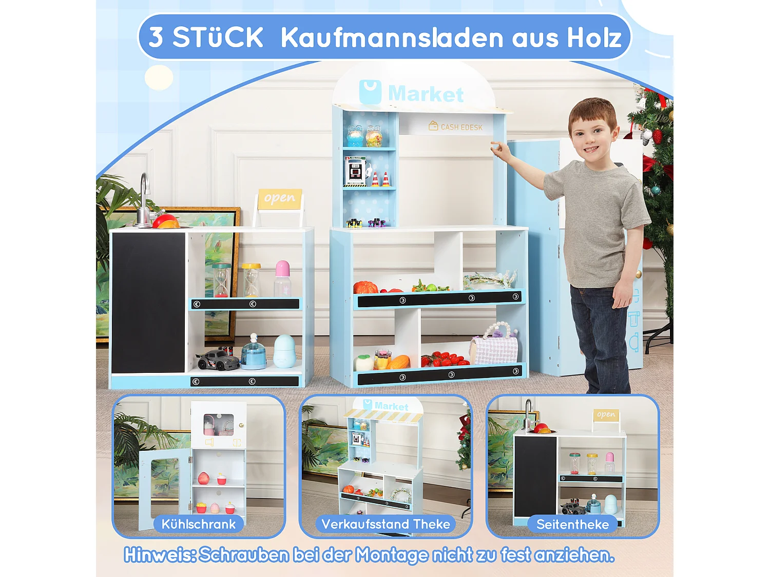 Spielküche für Kinder – 155 x 30 x 107,5 cm – Haus mit Zubehör und Effekten – Für Kinder ab 3 Jahren – MDF – Blau