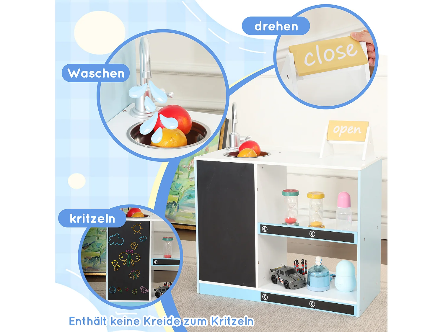 Spielküche für Kinder – 155 x 30 x 107,5 cm – Haus mit Zubehör und Effekten – Für Kinder ab 3 Jahren – MDF – Blau