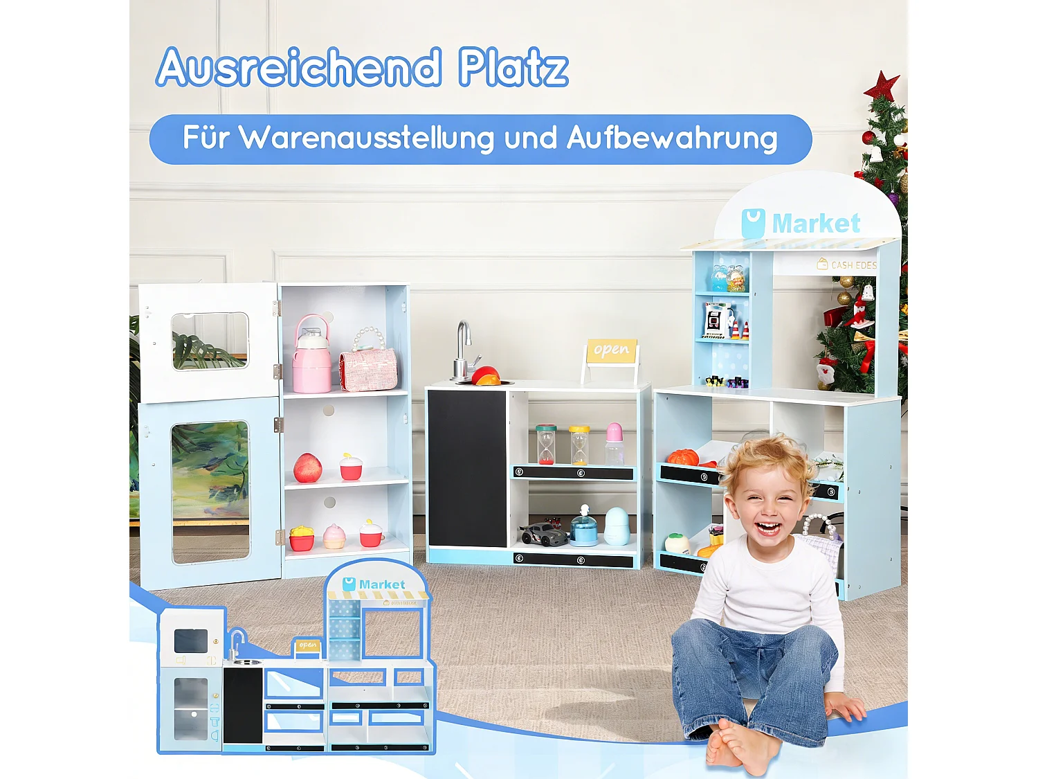 Spielküche für Kinder – 155 x 30 x 107,5 cm – Haus mit Zubehör und Effekten – Für Kinder ab 3 Jahren – MDF – Blau