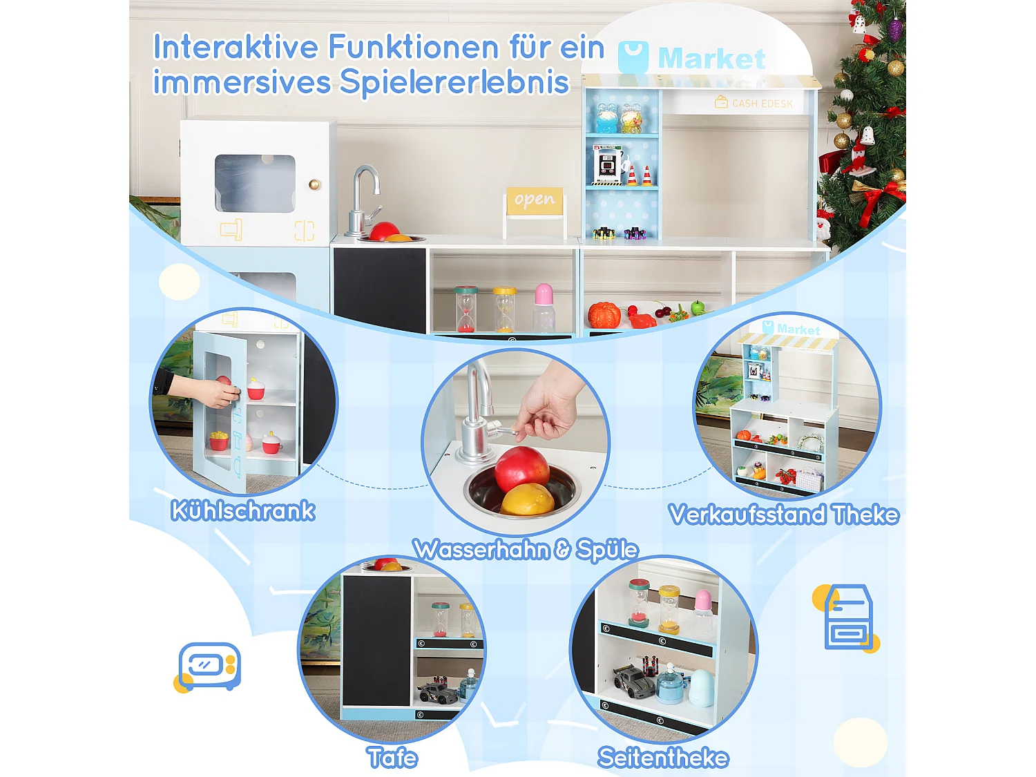 Spielküche für Kinder – 155 x 30 x 107,5 cm – Haus mit Zubehör und Effekten – Für Kinder ab 3 Jahren – MDF – Blau