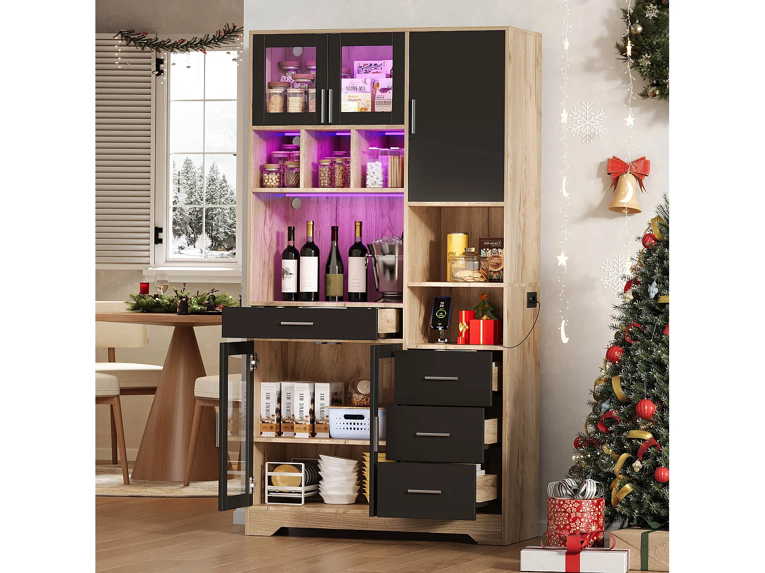 Buffet haute de cuisine - 100 x 40 x 185 cm - avec 4 tiroirs + Leds + portes + étagères - MDF - naturel + noir