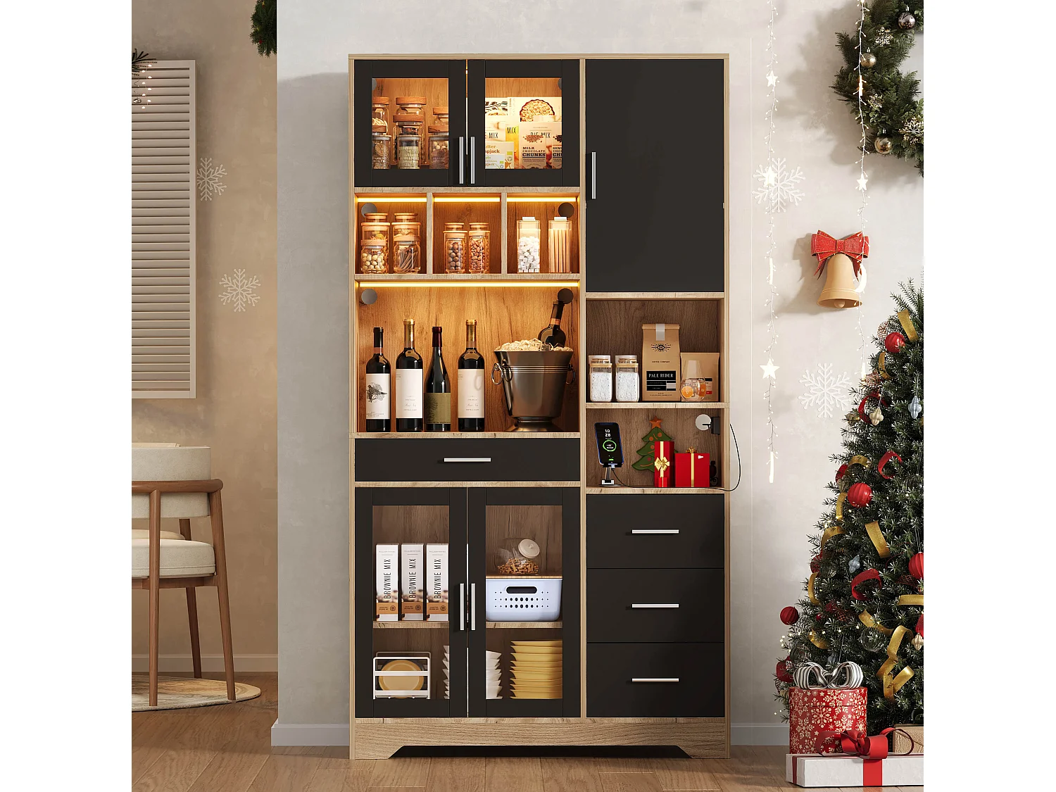 Buffet haute de cuisine - 100 x 40 x 185 cm - avec 4 tiroirs + Leds + portes + étagères - MDF - naturel + noir