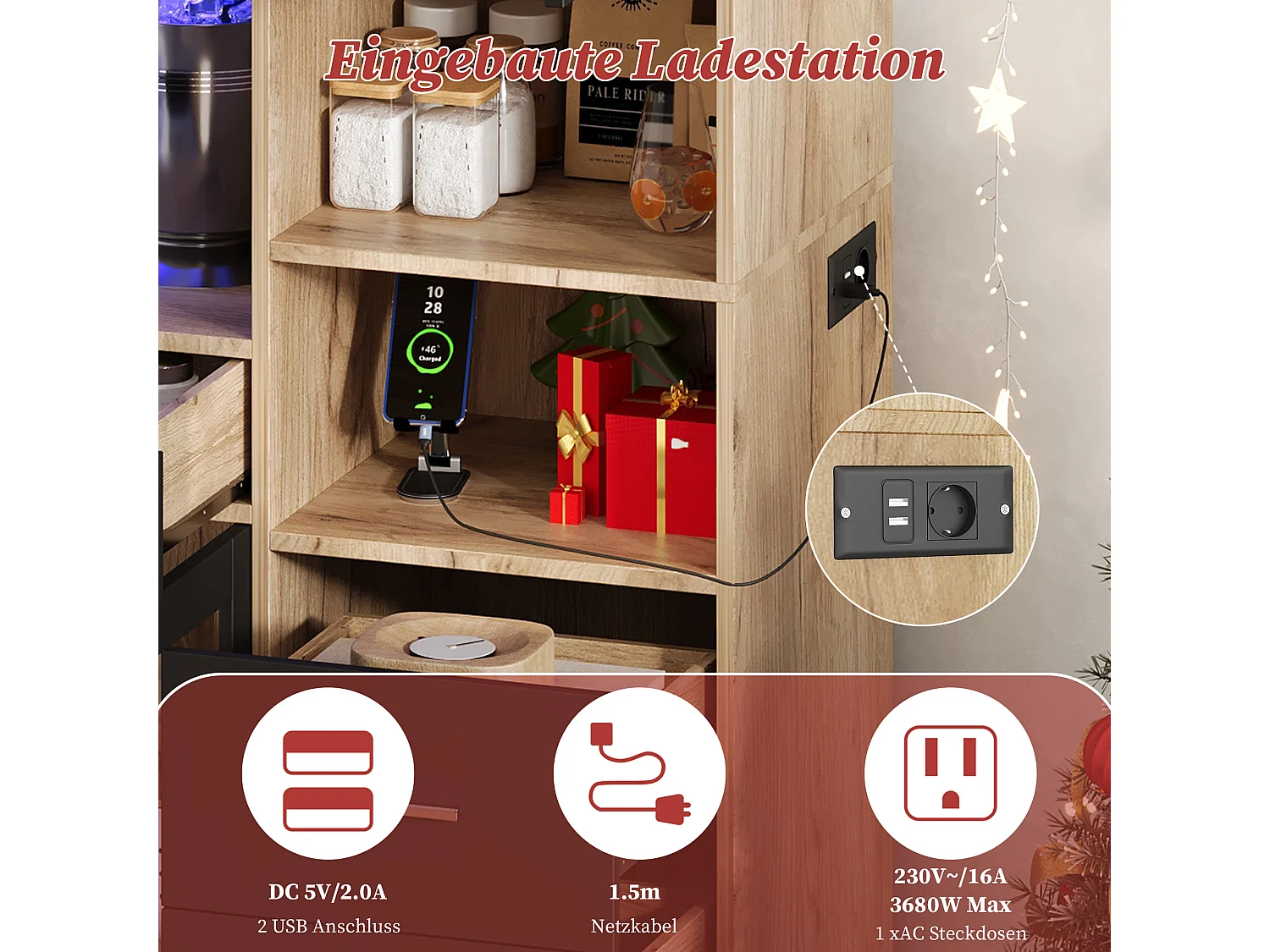 Buffet haute de cuisine - 100 x 40 x 185 cm - avec 4 tiroirs + Leds + portes + étagères - MDF - naturel + noir