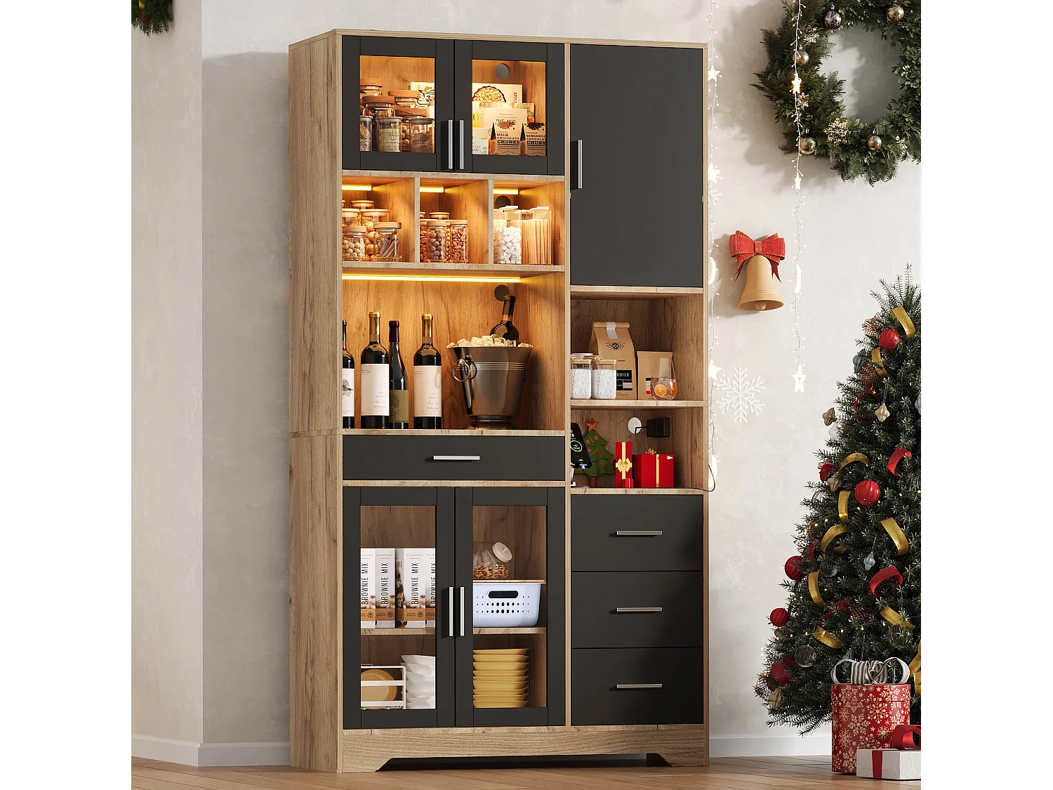 Buffet haute de cuisine - 100 x 40 x 185 cm - avec 4 tiroirs + Leds + portes + étagères - MDF - naturel + noir