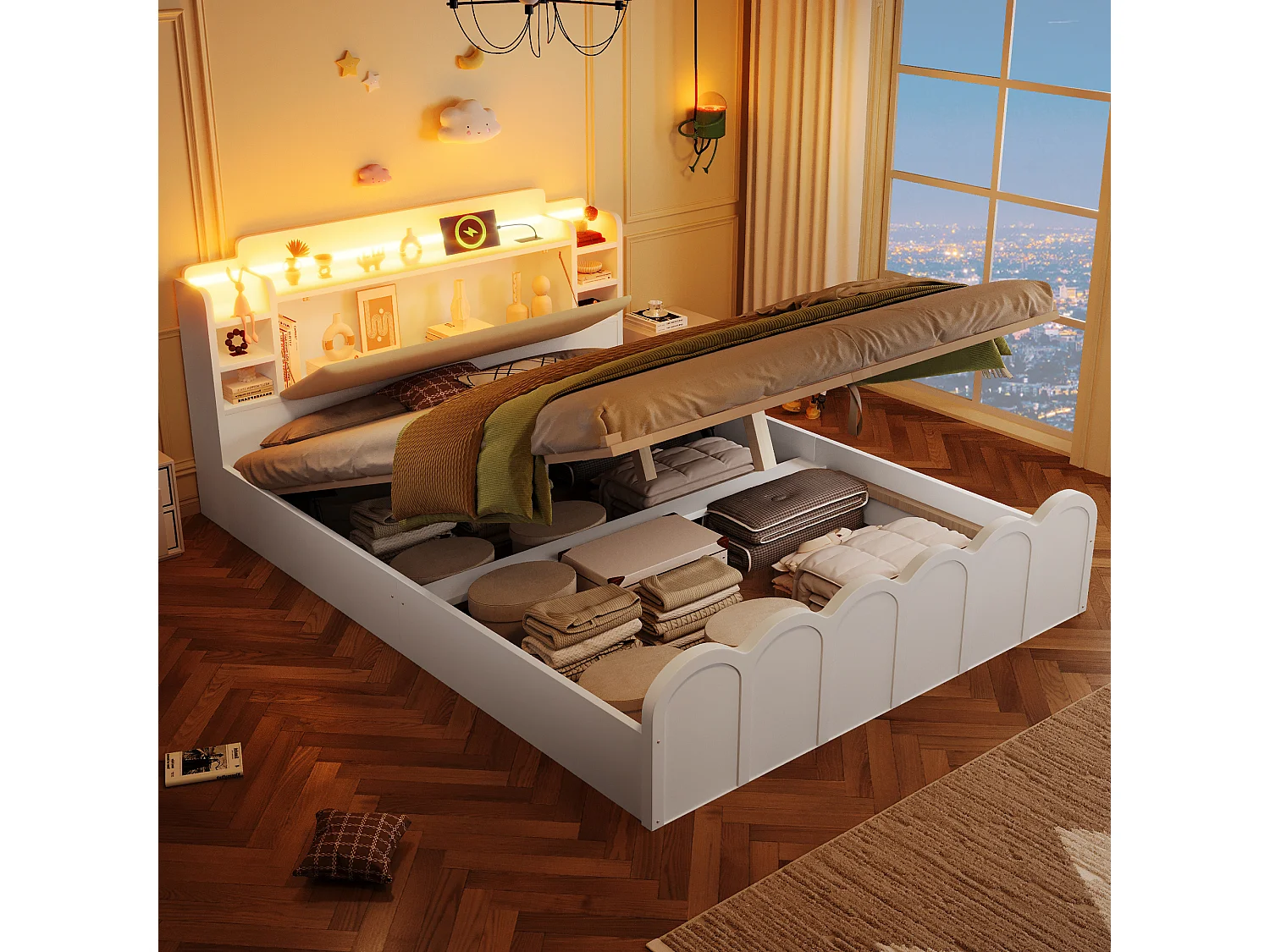 Lit coffre hydraulique - 140 x 200 cm - avec USB + Leds + tête de lit rangement ouvrable - bois - blanc