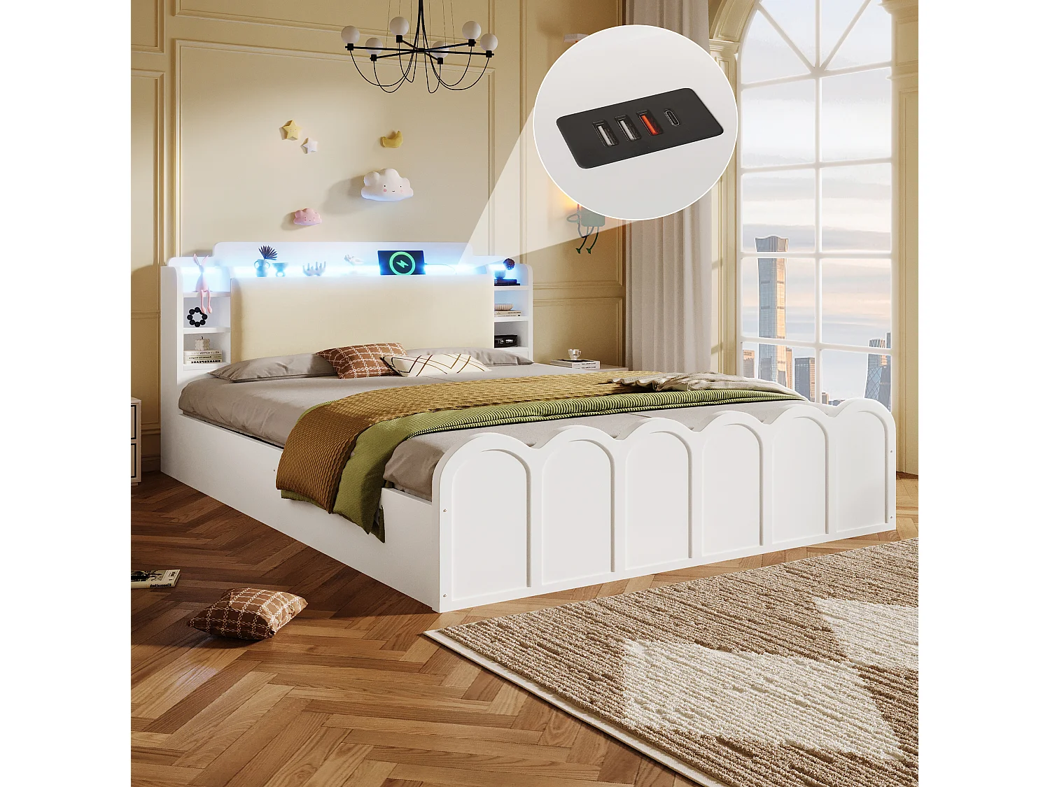 Lit coffre hydraulique - 140 x 200 cm - avec USB + Leds + tête de lit rangement ouvrable - bois - blanc