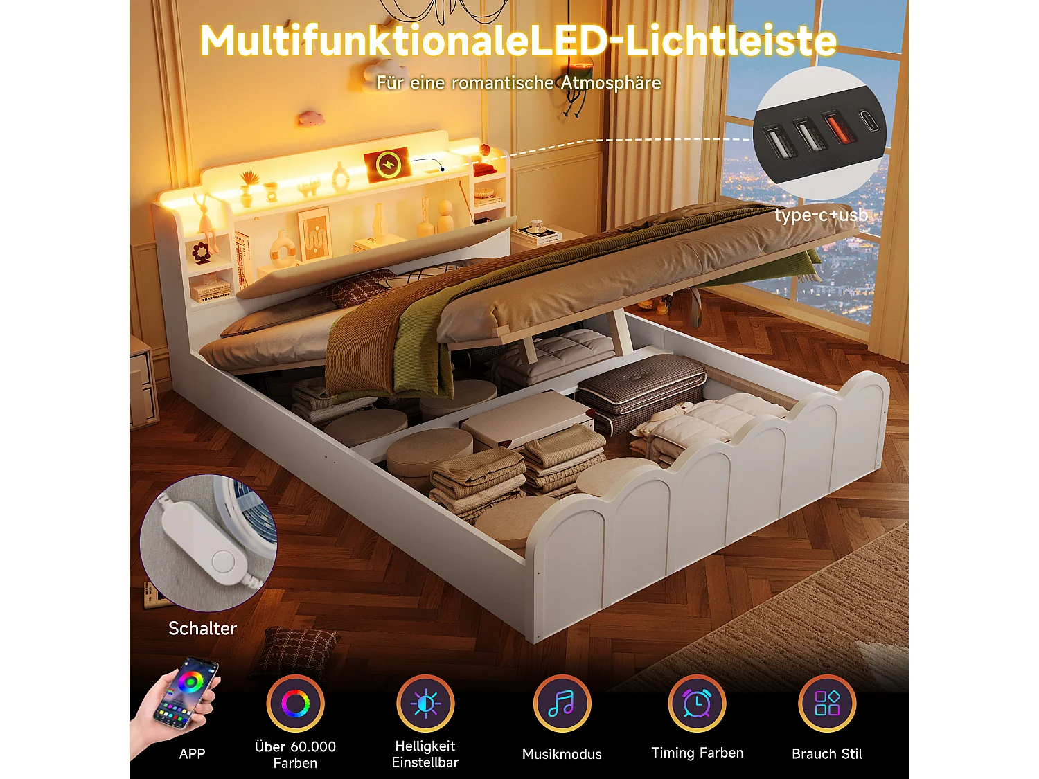 Lit coffre hydraulique - 140 x 200 cm - avec USB + Leds + tête de lit rangement ouvrable - bois - blanc