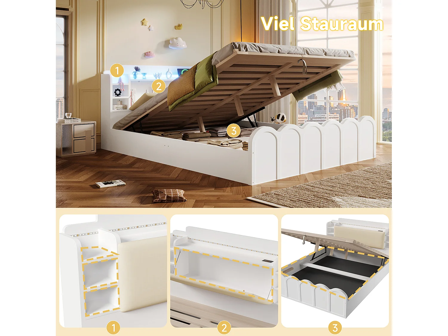 Lit coffre hydraulique - 140 x 200 cm - avec USB + Leds + tête de lit rangement ouvrable - bois - blanc