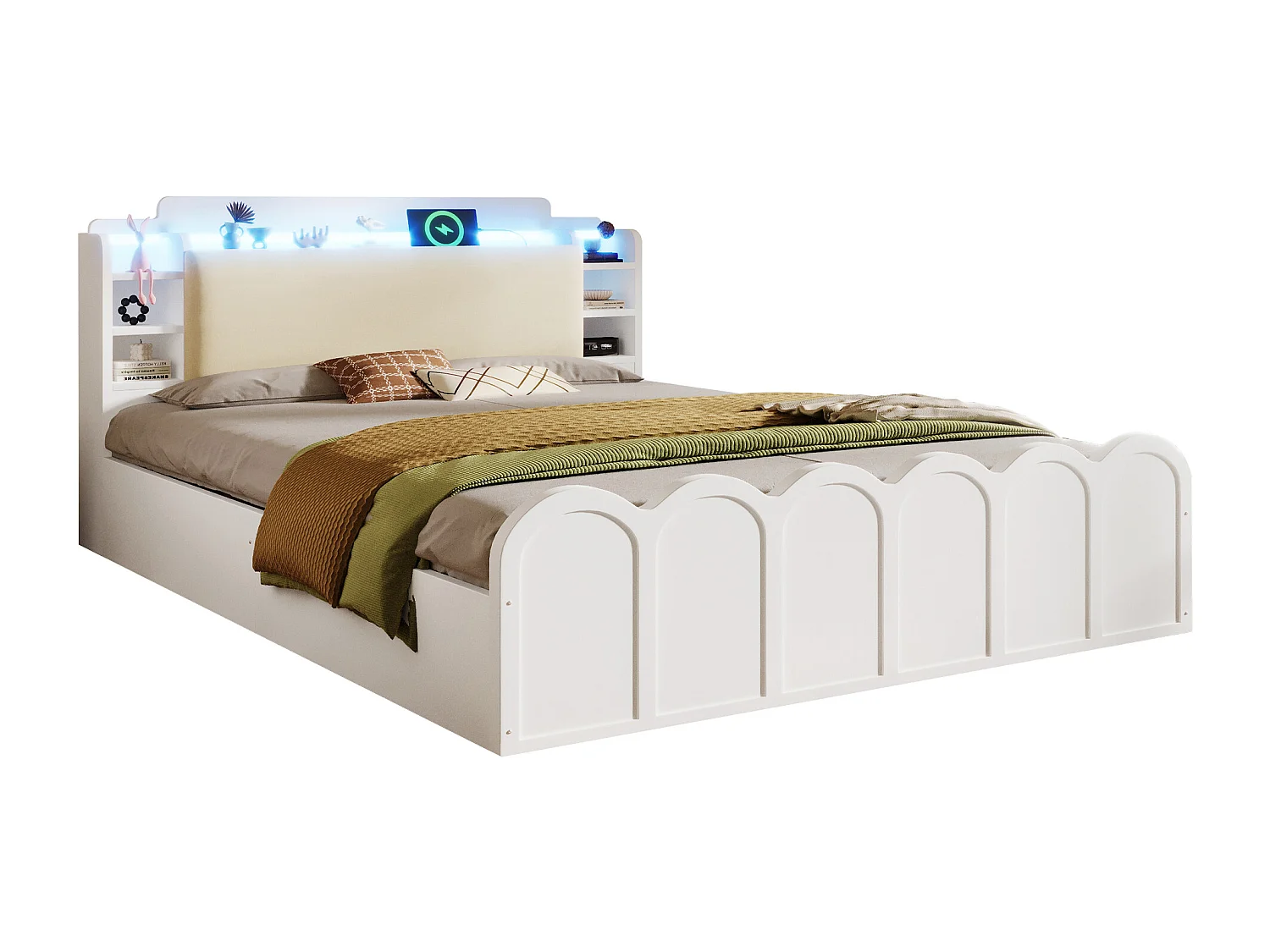 Lit coffre hydraulique - 140 x 200 cm - avec USB + Leds + tête de lit rangement ouvrable - bois - blanc