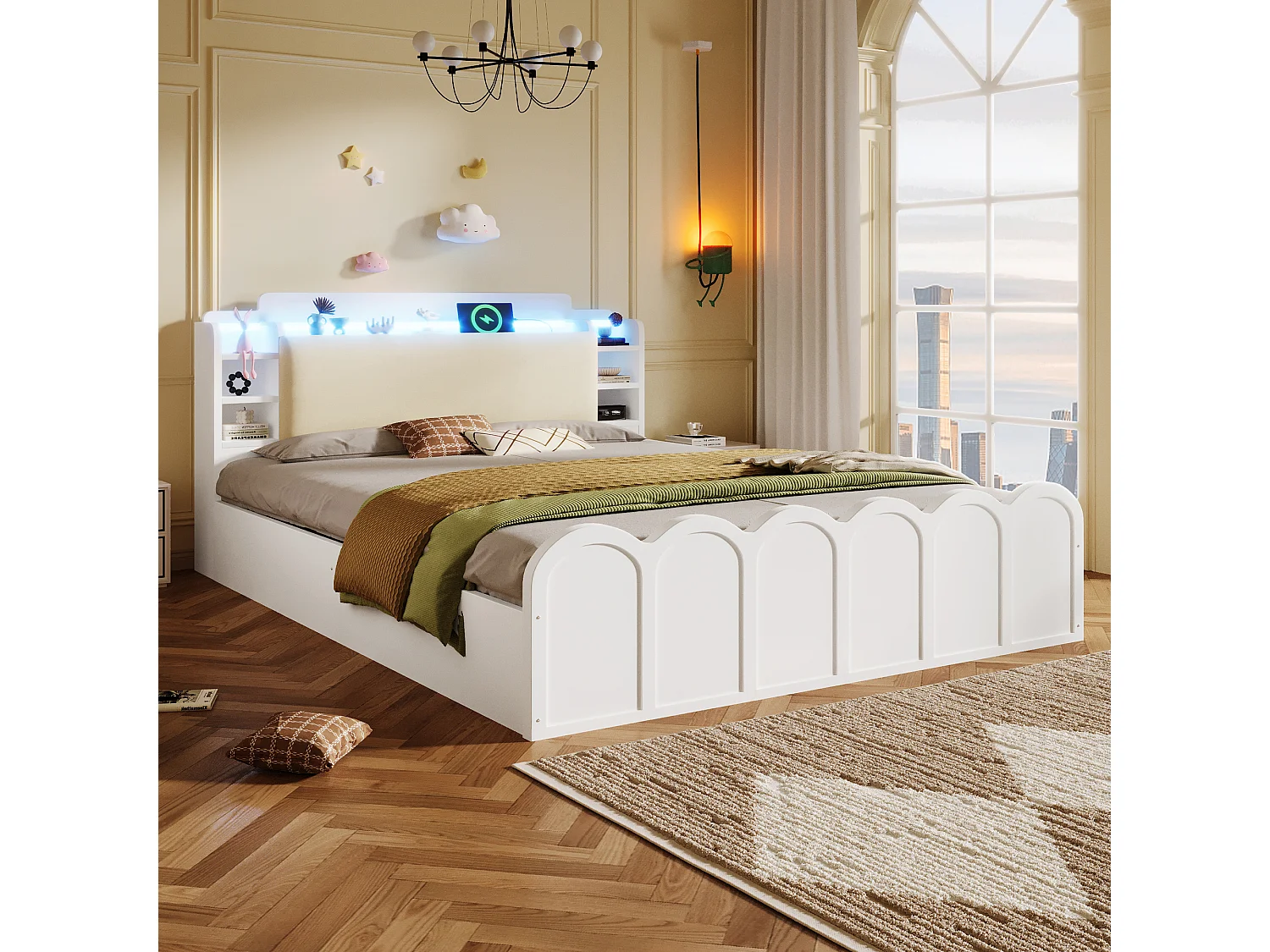 Lit coffre hydraulique - 140 x 200 cm - avec USB + Leds + tête de lit rangement ouvrable - bois - blanc