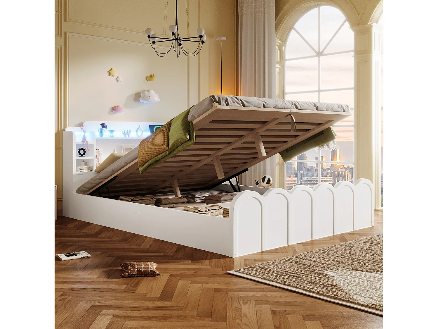 Lit coffre hydraulique - 140 x 200 cm - avec USB + Leds + tête de lit rangement ouvrable - bois - blanc