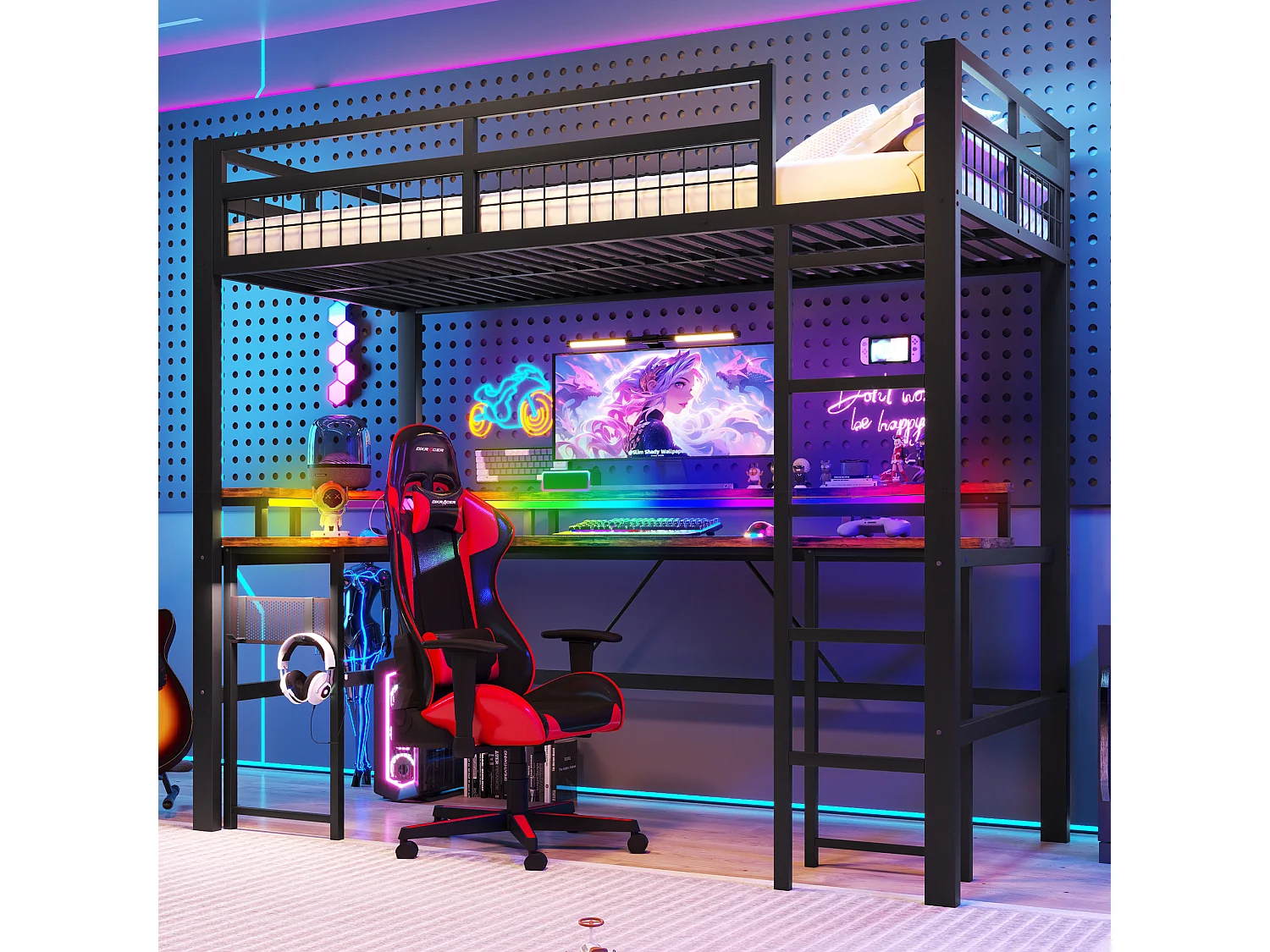 Lit mezzanine pour enfant - 90 x 200 cm - structure en fer - avec Leds + bureau + USB + prise - métal - noir