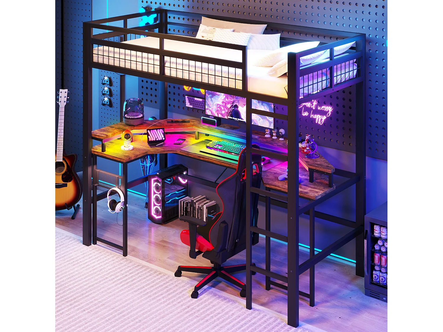 Lit mezzanine pour enfant - 90 x 200 cm - structure en fer - avec Leds + bureau + USB + prise - métal - noir