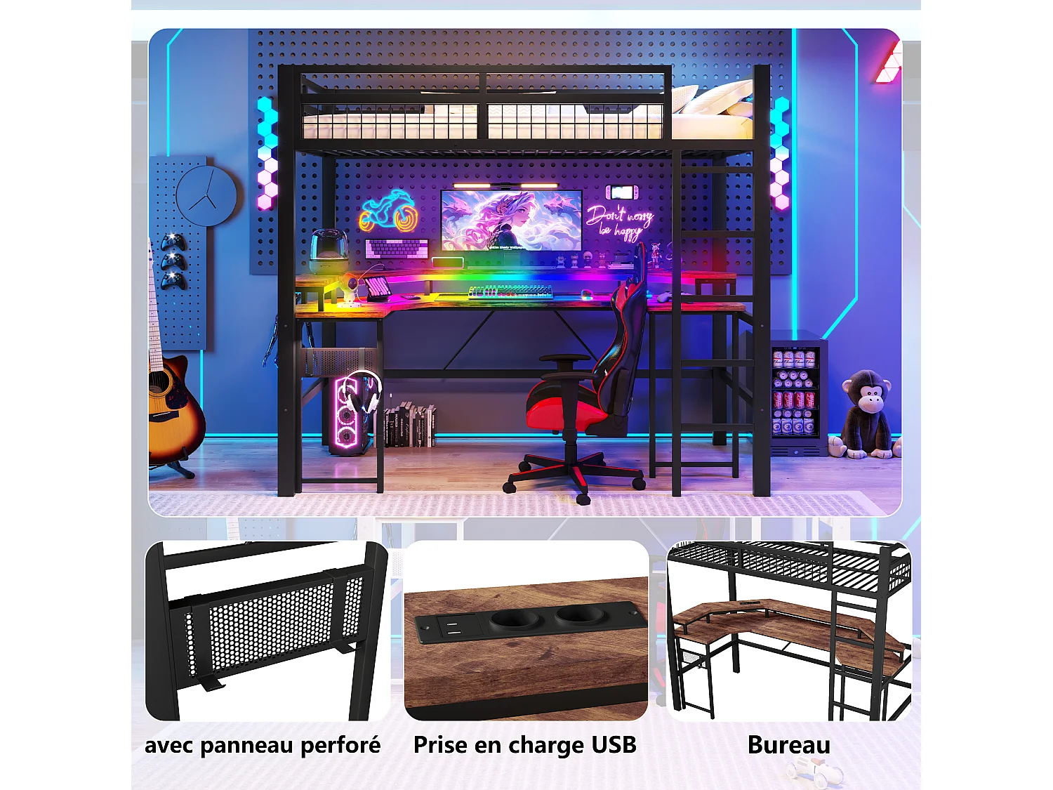 Lit mezzanine pour enfant - 90 x 200 cm - structure en fer - avec Leds + bureau + USB + prise - métal - noir