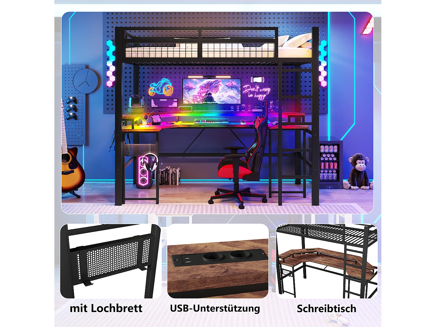 Lit mezzanine pour enfant - 90 x 200 cm - structure en fer - avec Leds + bureau + USB + prise - métal - noir
