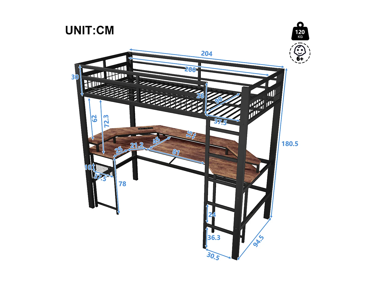 Lit mezzanine pour enfant - 90 x 200 cm - structure en fer - avec Leds + bureau + USB + prise - métal - noir