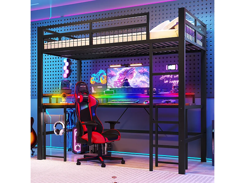 Lit mezzanine pour enfant - 90 x 200 cm - structure en fer - avec Leds + bureau + USB + prise - métal - noir