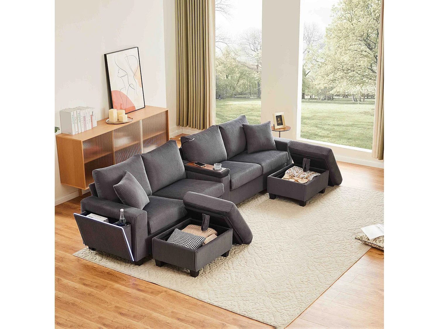 Sofa w kształcie litery U - 334 x 128,5 x 81 cm - z 2 stołkami + lampka do czytania + schowek + USB + diody LED - aksamitna - szara