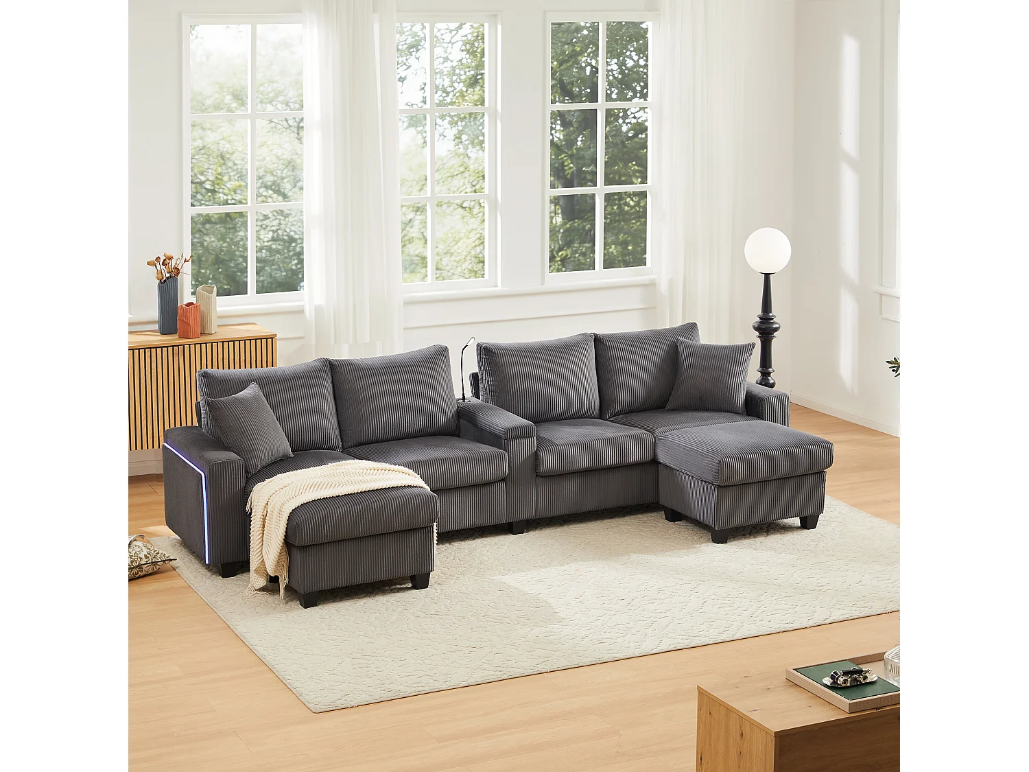 Sofa w kształcie litery U - 334 x 128,5 x 81 cm - z 2 stołkami + lampka do czytania + schowek + USB + diody LED - aksamitna - szara