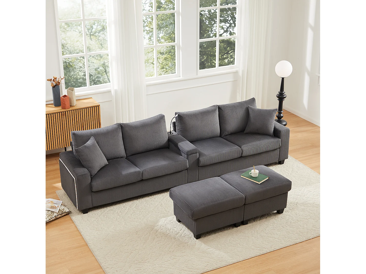 Sofa w kształcie litery U - 334 x 128,5 x 81 cm - z 2 stołkami + lampka do czytania + schowek + USB + diody LED - aksamitna - szara