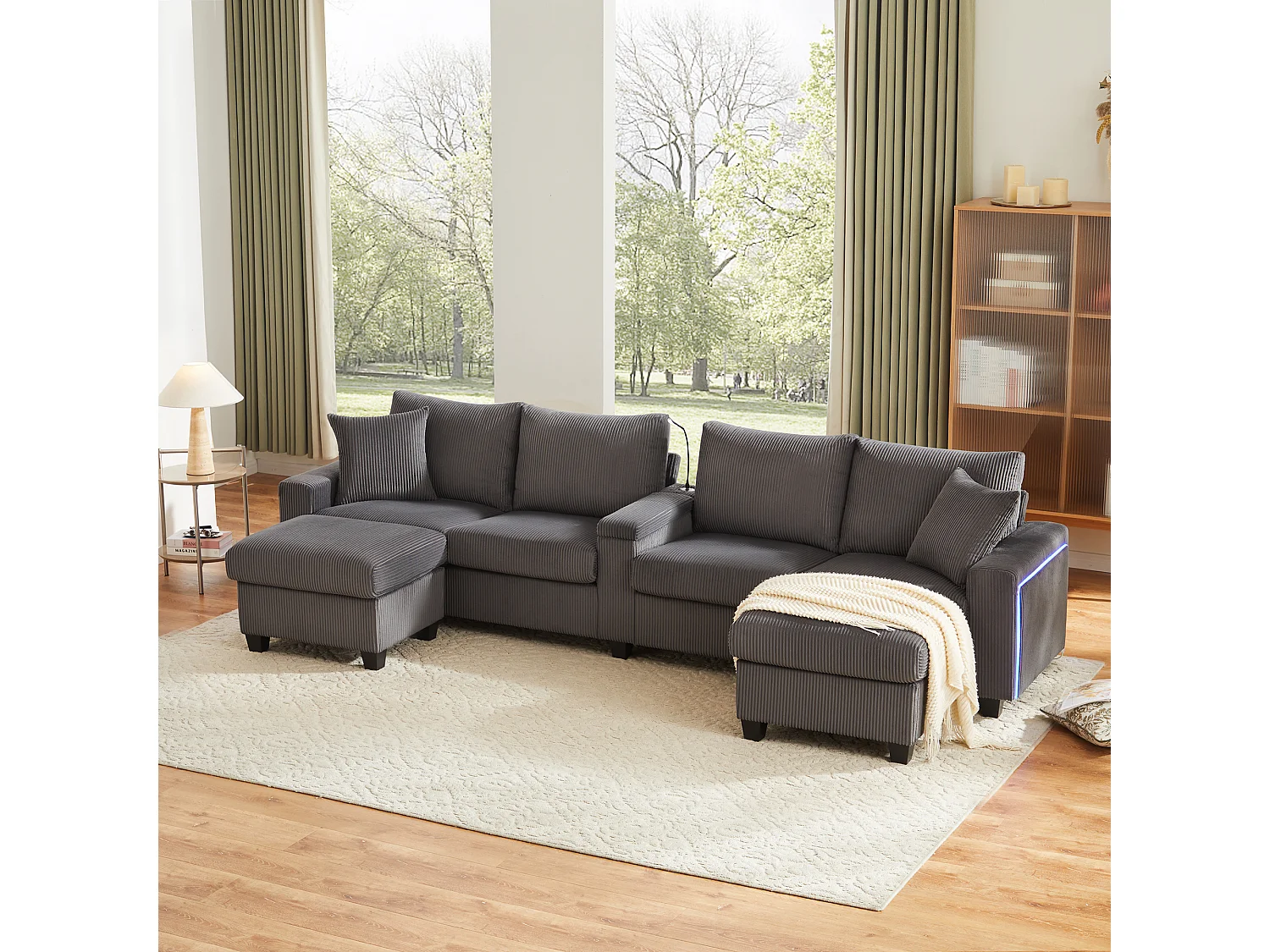 Sofa w kształcie litery U - 334 x 128,5 x 81 cm - z 2 stołkami + lampka do czytania + schowek + USB + diody LED - aksamitna - szara