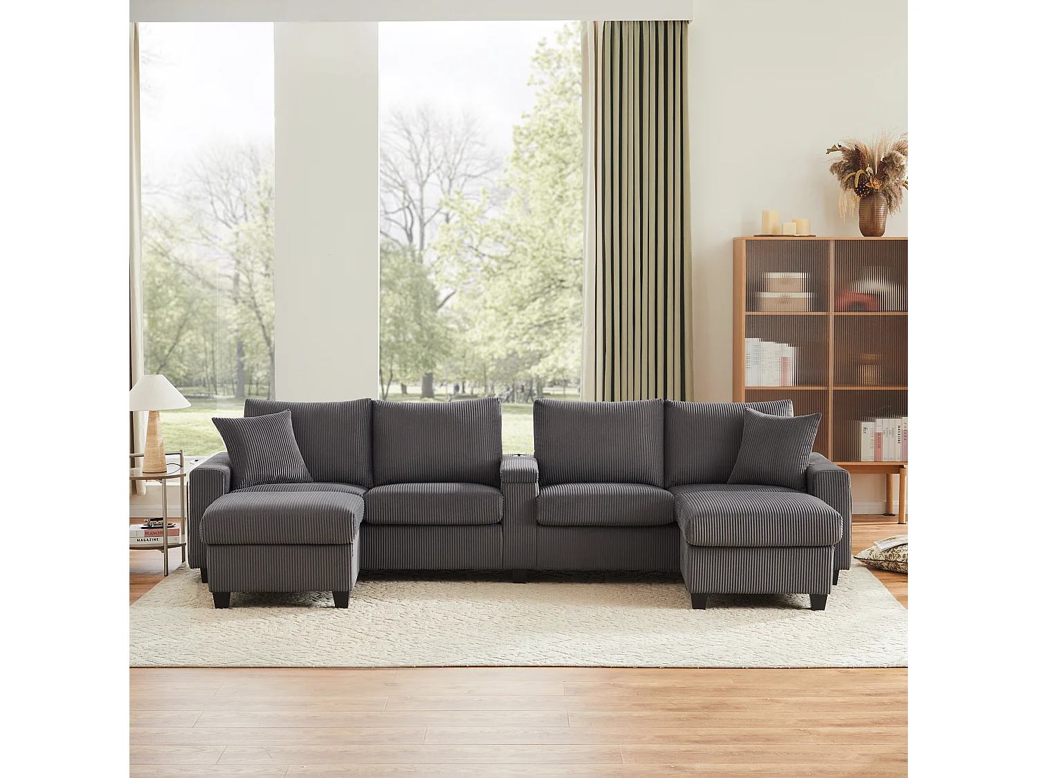 Sofa w kształcie litery U - 334 x 128,5 x 81 cm - z 2 stołkami + lampka do czytania + schowek + USB + diody LED - aksamitna - szara