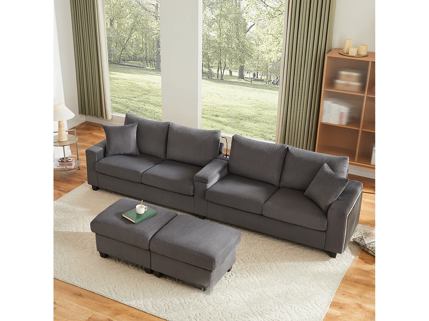 Sofa w kształcie litery U - 334 x 128,5 x 81 cm - z 2 stołkami + lampka do czytania + schowek + USB + diody LED - aksamitna - szara