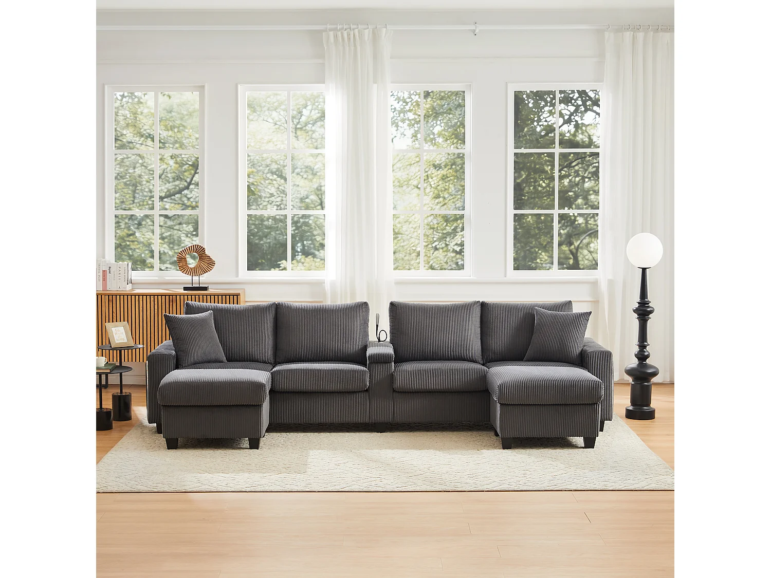 Sofa w kształcie litery U - 334 x 128,5 x 81 cm - z 2 stołkami + lampka do czytania + schowek + USB + diody LED - aksamitna - szara