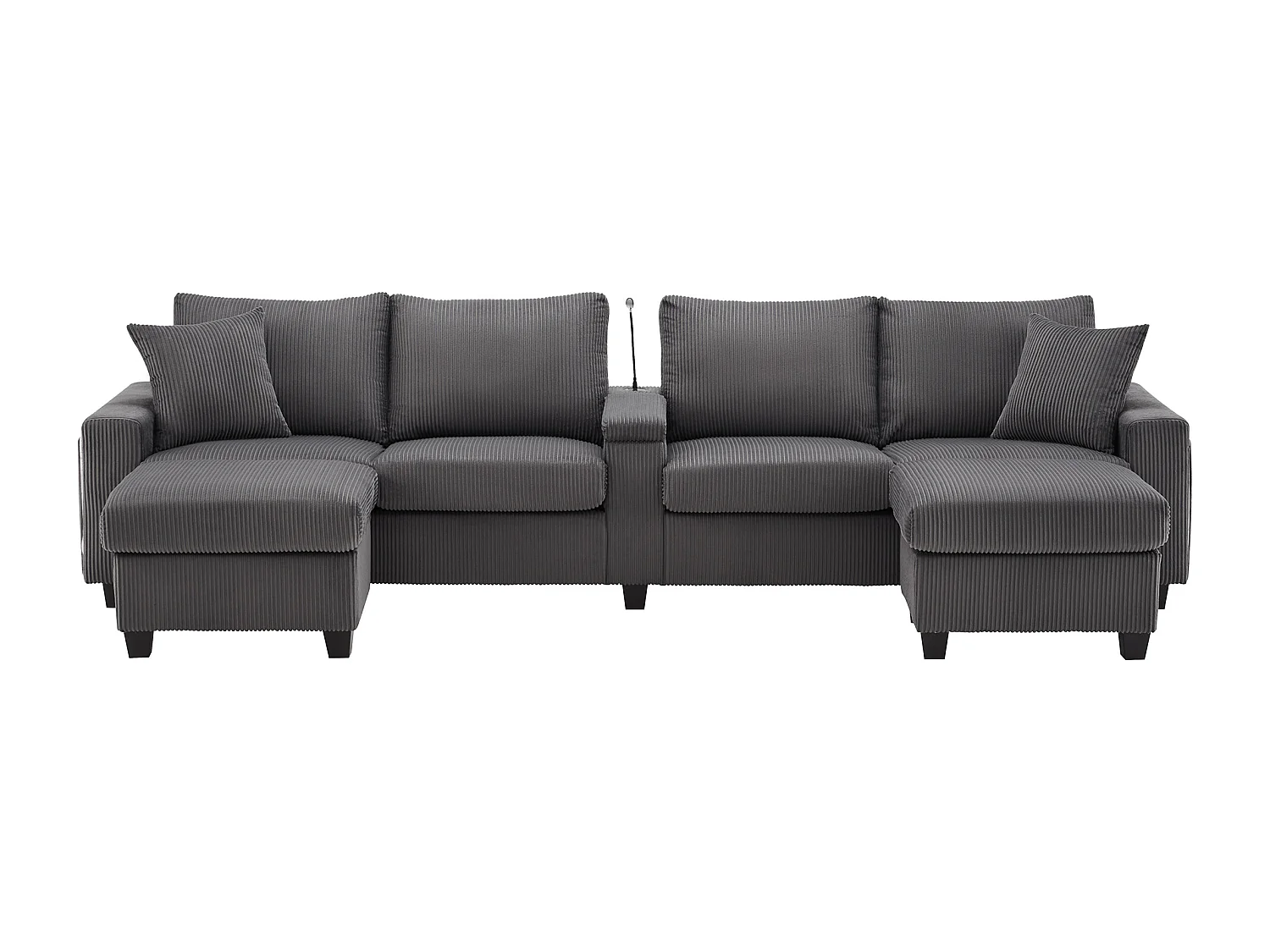 Sofa w kształcie litery U - 334 x 128,5 x 81 cm - z 2 stołkami + lampka do czytania + schowek + USB + diody LED - aksamitna - szara